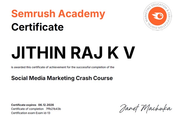 Semrush Social Media Crash course certificate